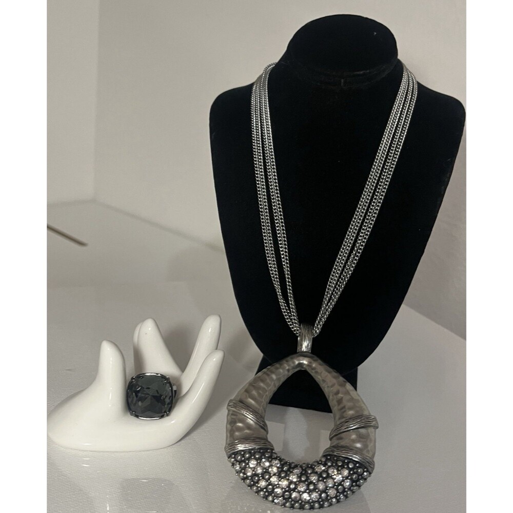 Silver Plated Necklace Ring Coordinated Bundle Clear Crystal Smoky Gray Glass